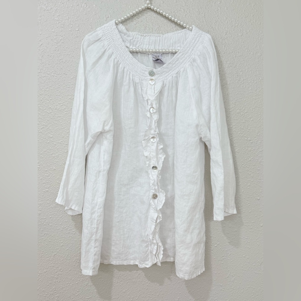 Match Point Linen Peasant Blouse XL White Boho Cottagecore Ruffle Made USA